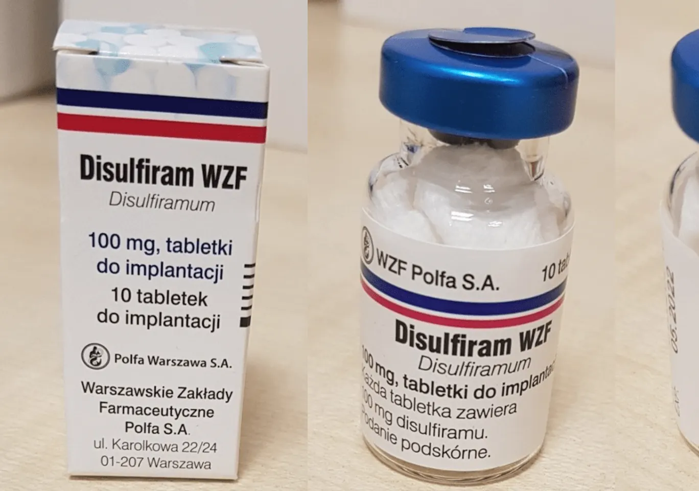 Wszywka alkoholowa Esperal / Disulfiram Toruń: fiolka disulfiramu obok opakowania leku